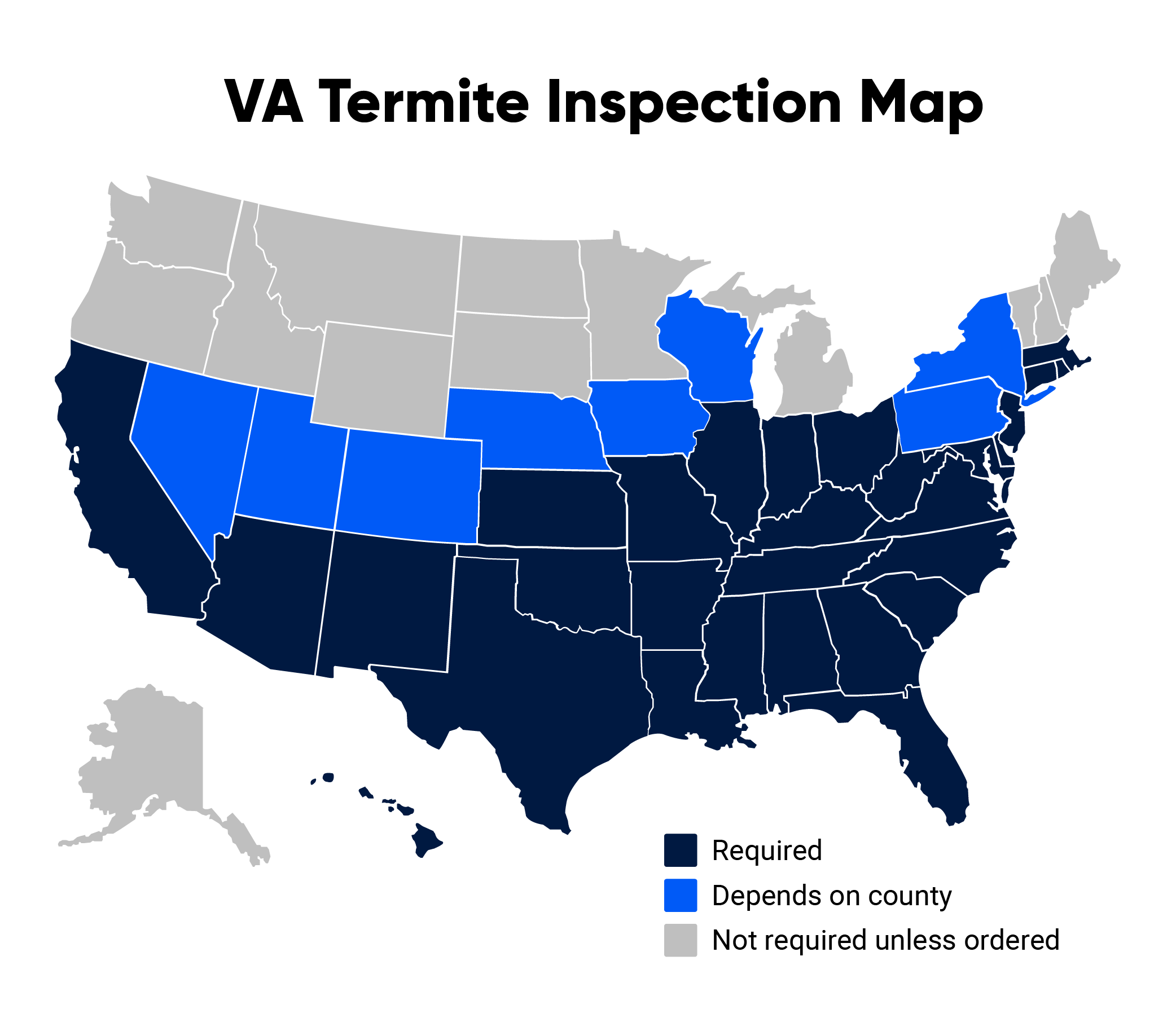 U.S. map showing which states require termite and pest inspections for a VA loan.
